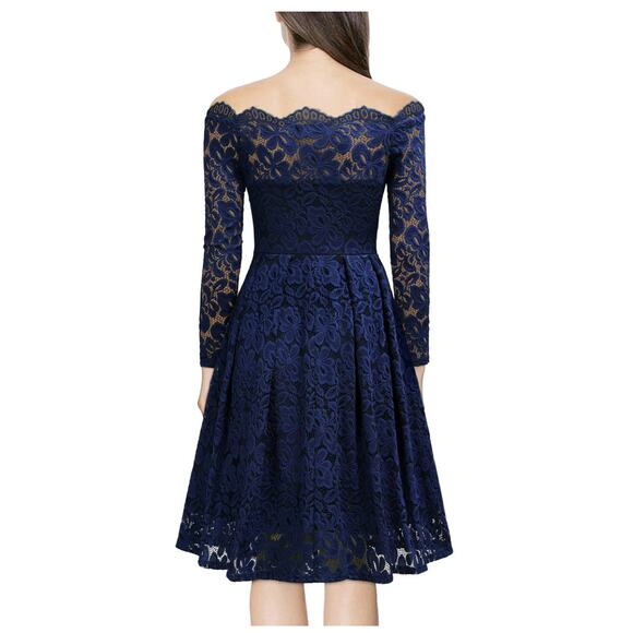 MissMay Retro Gorgeous Swing Dress WMNs XL Navy Floral Lace Long Sleeve Pleated - Picture 3 of 10